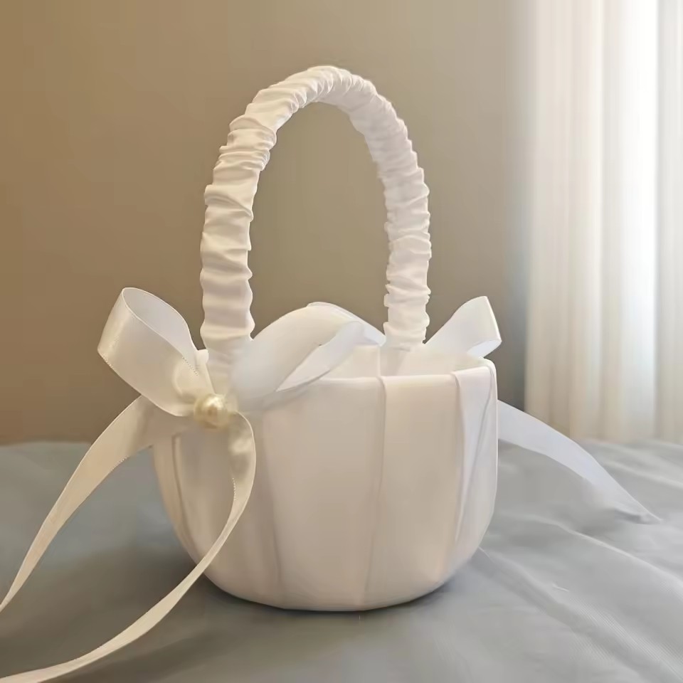 웨딩 화이트 새틴 리본 꽃바구니 진주 손잡이 꽃바구니  - Gardening Tools Girls 리뷰 및 가격